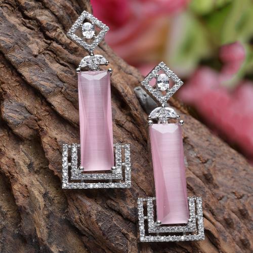 ZENEME Rhodium-Plated Pink American Diamond studded Rectangular Shaped Stud Earrings