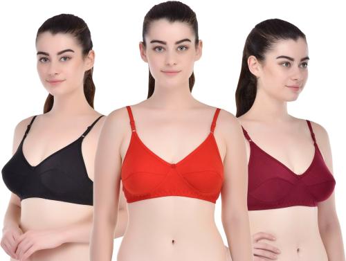 Sexy Bust Women Red, Maroon, Black Cotton Blend Pack Of 3 Full Coverage Non Padded Bra (32)