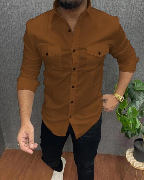 Qlonz Store Double Pocket Men Solid Cotton Casual Shirt
