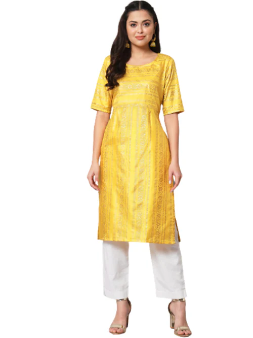 pelton Women Floral foil Print Poly Silk Fabric Straight Kurta with Elbow Sleeve and Round Neck (XXL,YELLOW)