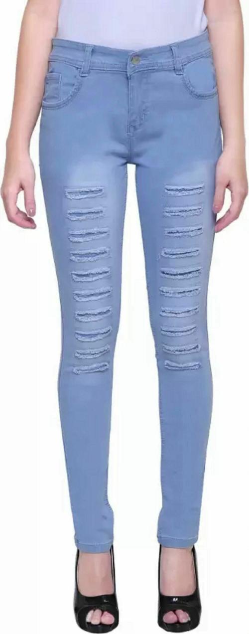 HOVAC Light Blue One Butoon Dmage Design Women Denim Jeans
