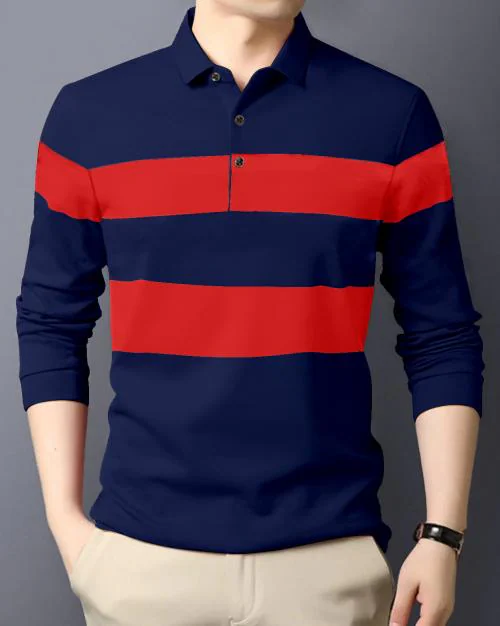 Gespo Navy Blue & Red Colorblocked Polo Neck Full Sleeve Casual T-Shirt