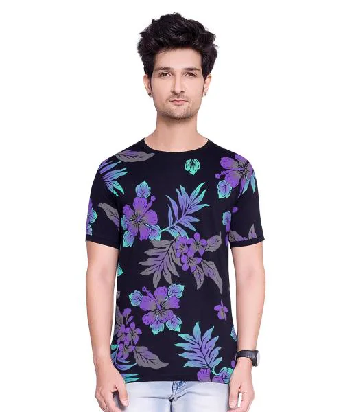Pepp N Hagg Men Purple Leaf All Over Discharge Printed 100 Percent Cotton Round Neck Half Sleeve T-Shirt (L)