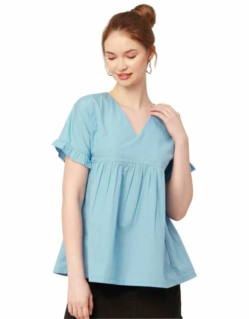 Moomaya Women Printed Short Sleeves Cotton Top, V Neck Long Length Flared Summer Tunic Top