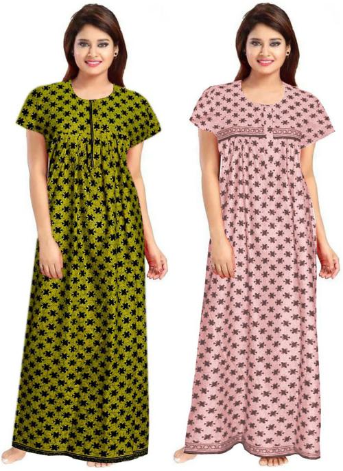 Averill Women's Green, Pink Printed Cotton (Pack of 2) Nighty