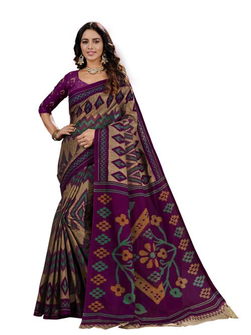 RANI SAAHIBA Women's Pure Cotton Printed Saree With Blouse Piece (SKR8955_Beige - Purple)