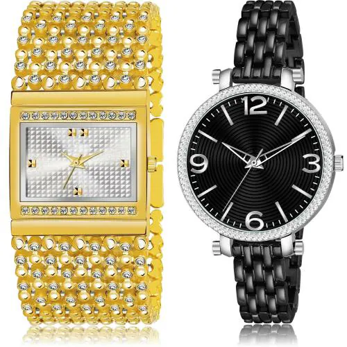NEUTRON Brand New Quartz Chain Bracelet Diamond And Chain Bracelet Gold And Black Colour Analog Metal Belt 2 Watch Combo For Women And Girls - G590-GW42