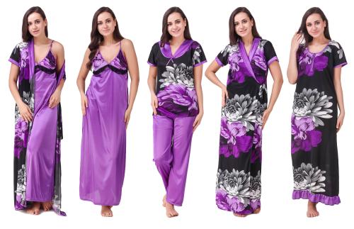 Keoti Women Satin Nighty/Robe/Honeymoon wear set - Pack of 5 (1 Robe, 1 Top, 1 Pyjama, 1 Night Gown & 1 Full Nighty)