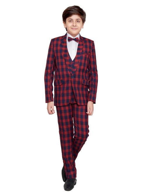 Jeetethnics Boys Red Checked Coat Suit Set with Waistcoat Shirt and Trousers