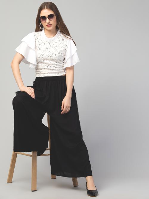 Aceola Women's Loose Fit Jumbo Wide Leg Solid Color Rayon Palazzo Sharara Free Size with Pockets ( Black )