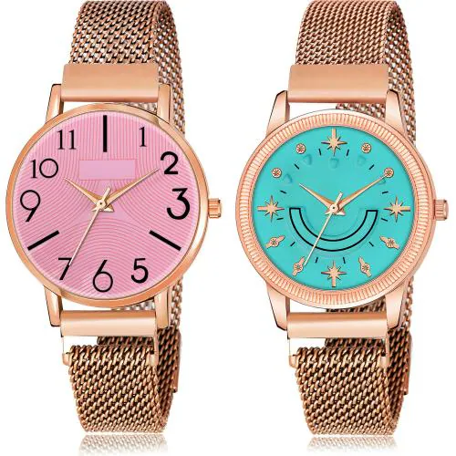 NEUTRON Modern Love Magnet Chain And Star Magnet Chain Rose Gold Colour Analog Metal Belt 2 Watch Combo For Women And Girls - GW62-GW69