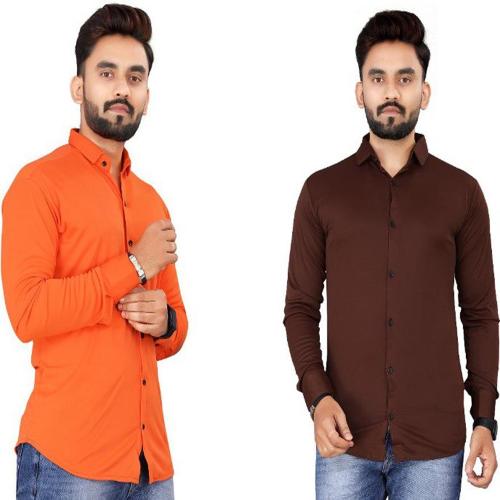 PEARL OCEAN Men Solid Casual Maroon, Orange Shirt (Pack of 2)