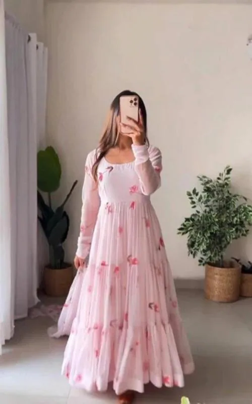 GRISHU COLLECTION New Stylish Fox Georgette Printed Light Pink Anarkali Kurta Set for Women's