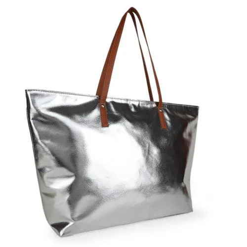 ANTIN Silver Metallic Faux Leather Large Size Handbag Tote Bag Shoulder Bag Messenger Bag for Women/Girls