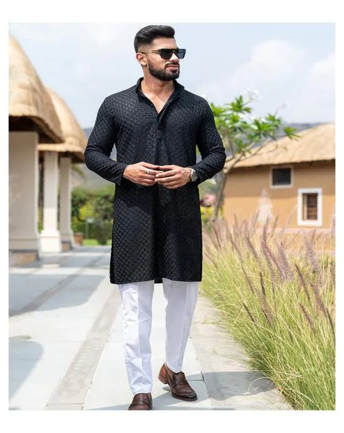 CRYSTAL REVENUE Men's Cotton Ethnic Motifs Mirror Work Kurta Set For Festival And Wedding Wear (Black) - Medium