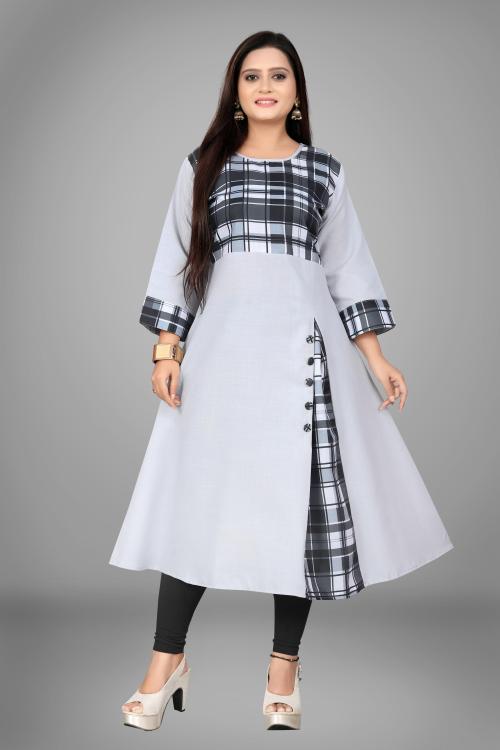 SKY CLOUD Women Grey Striped Cotton Blend A-Line Kurta (L)