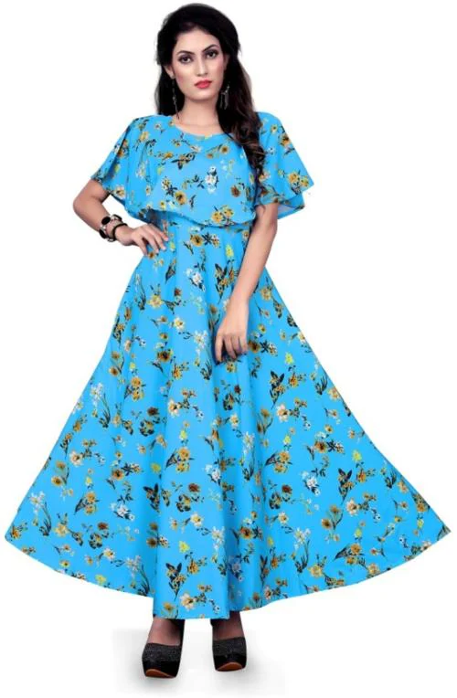 Vaani Creaion Women Blue Floral Print Crepe A-line Gown Dress - XXL
