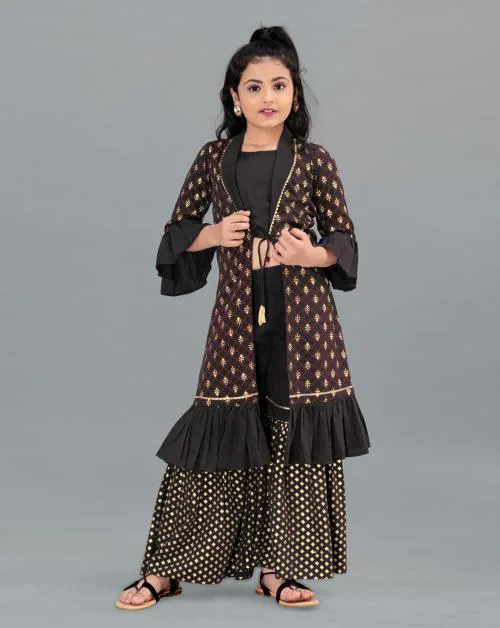 Fashion Dream Girls Black Foil Printed Crepe Long Shrug Top And Sharara Set | Girls Ethinc Set | Kids Wear | Ethnic Wear