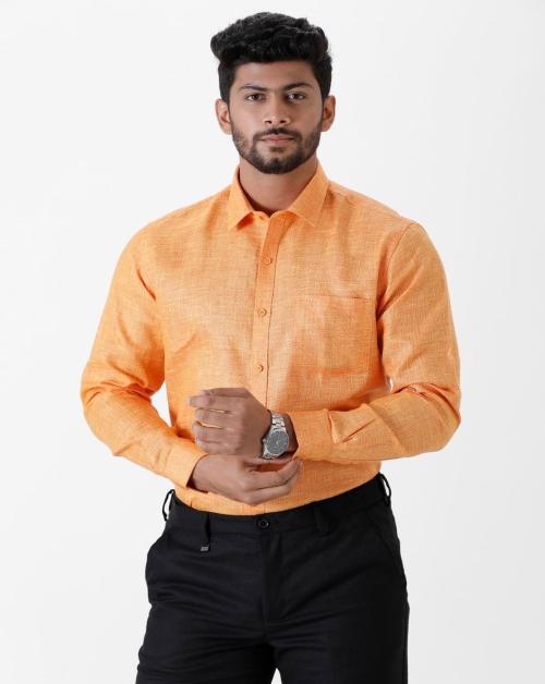 RAMRAJ Men's Orange Solid Cotton Blend Full-length Sleeve Shirt