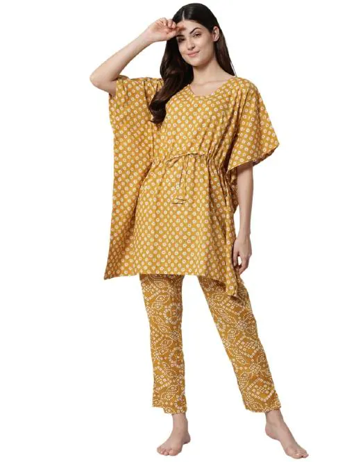 SEPHANI Women Mustard Colour Kaftan Sets Cotton Fabric With Pyjama| Trendy and Comfortable