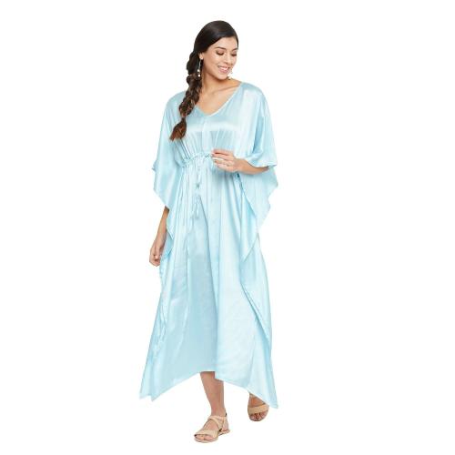 Riara Women Night Dress Maxi Free Size Kaftan Solid Kimono Silky Satin Nighty for Ladies Pastel Blue