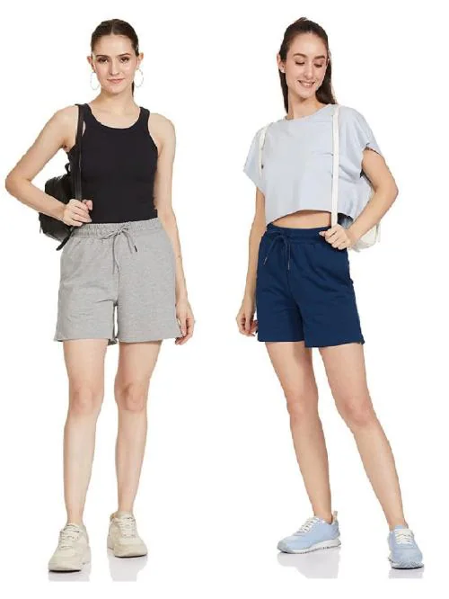 KAFF Womens Regular Fit Thigh Length Shorts- Pack of 2- Grey,Navy-34
