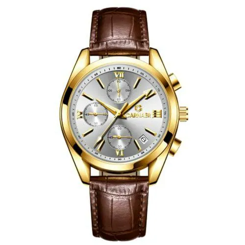 CARNAER Men's Chronograph Quartz Watches, Genuine Brown Leather Strap Gold Case with Date, Luminous Hand Analog Watches for Men with White Dial