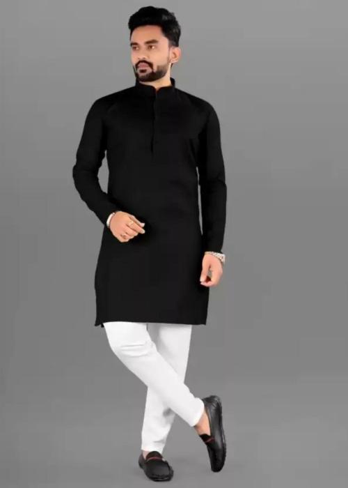 ETHNIC TROVE Men Cotton Kurta Mens Model Silk Ethnic Wear Kurta Knee Length Self Design Kurta, Wedding Kurta , Haldi Kurta, Party Wear Kurta, Engagement Kurta, Regular Fit Kurta-BLACK-L