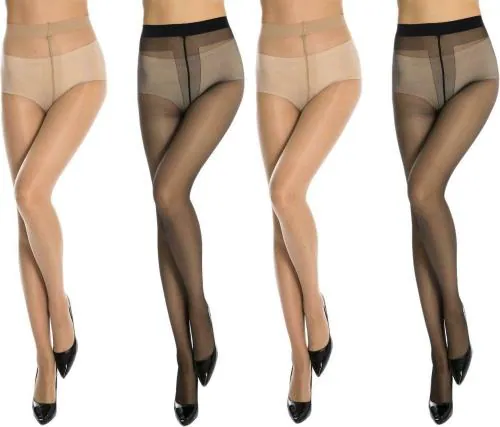 Neska Moda Women's 4 Pair Black & Skin Panty Hose Long Comfort Stockings