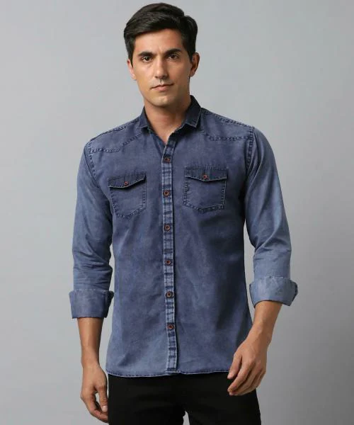 Woxen Men Blue Solid Cotton Blend Casual Shirts S