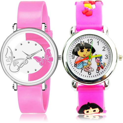 NEUTRON Best Heart Butterfly And Dora The Explorer Kids White And Pink Colour Analog Plastic Belt 2 Watch Combo For Women And Girls - G556-GC193
