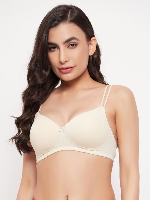 Clovia Beige Stripe Polyamide T-Shirt Bra