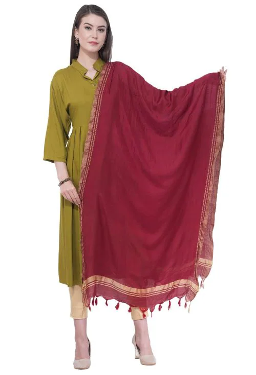 Moeza Women Maroon Cotton Border Woven Design Dupatta
