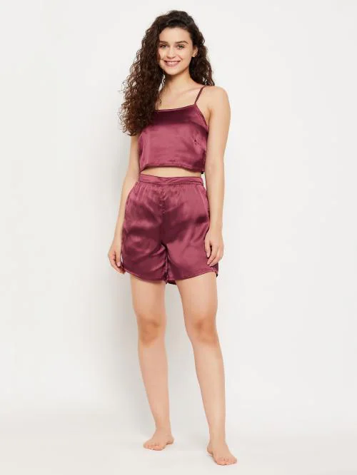 Clovia Women's Maroon Solid Satin Pack of 2 Top & Shorts Set