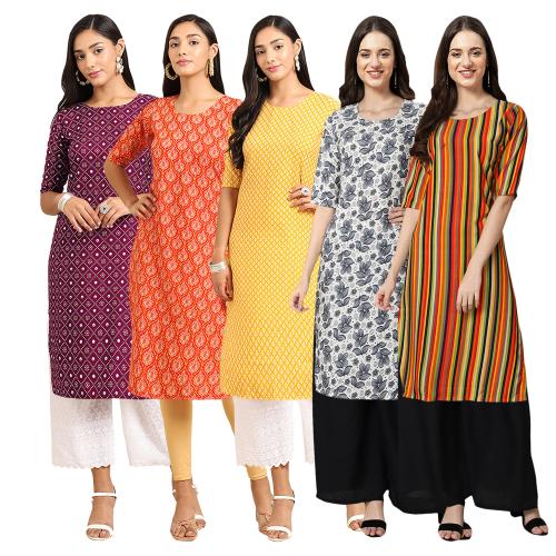 1 Stop Fashion Women's Crepe Digital Print Straight Kurta{Pack of 5}[WN-355-354-350-357-356-XL]