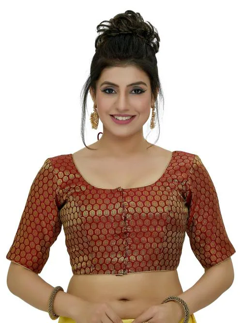 Madhu Fashion Women Maroon Banaras Brocade Readymade Stitched Saree Blouse (38)