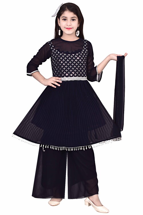 Girl's Trendy Sequence Work Naira Dress Ethnic Set ( Dark Blue )