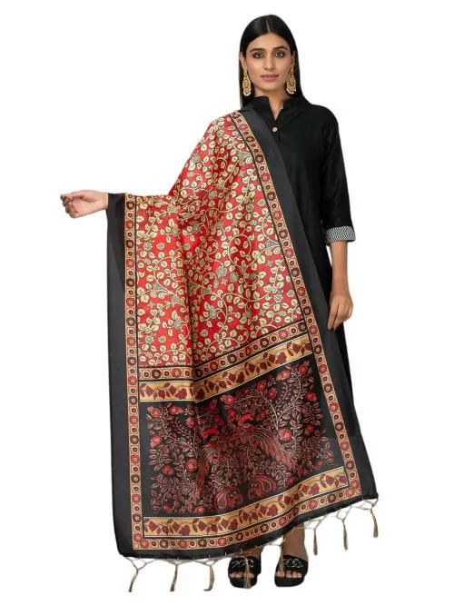 Negchaar Women Red, Black Printed Silk Dupatta