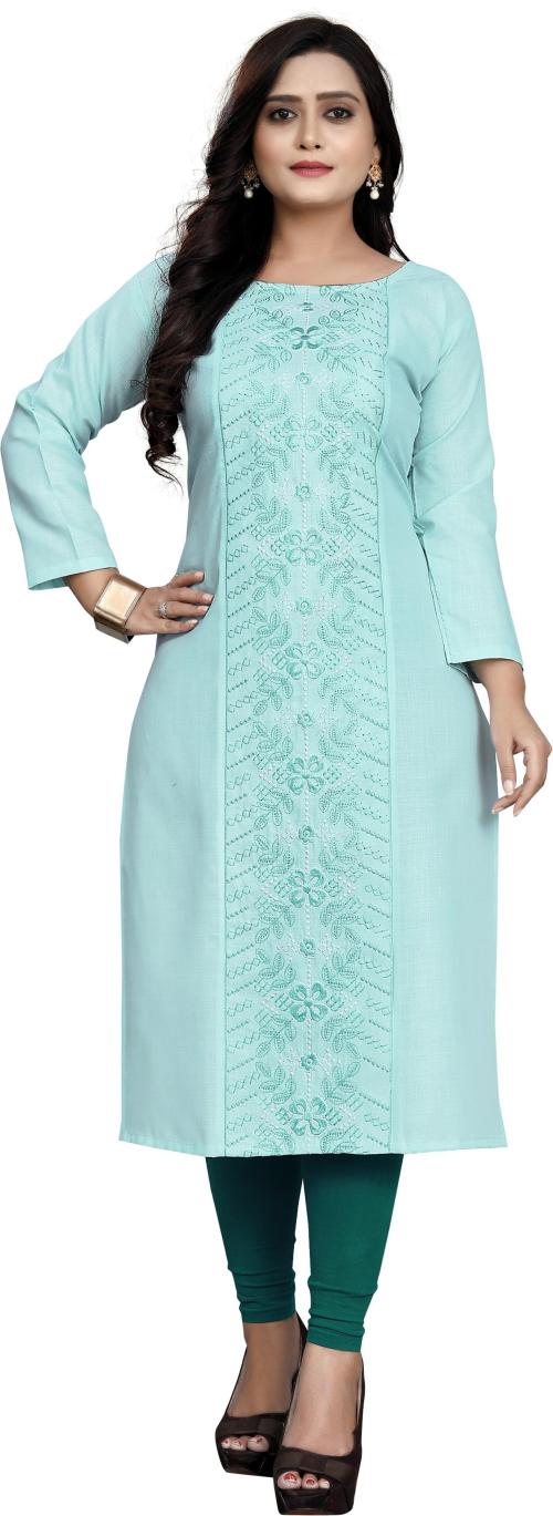 SKY CLOUD Women Sea Green Embroidered Cotton Blend Straight Kurta (M)