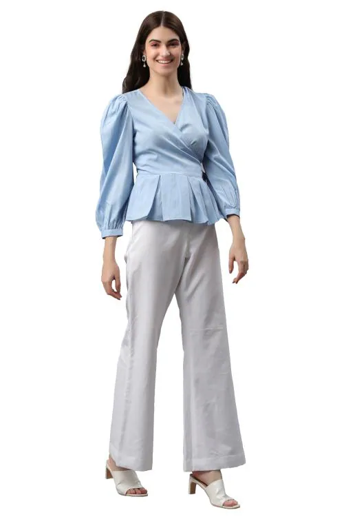 Pretty Loving Thing Women Solid Pattern Wrap Top Light Blue