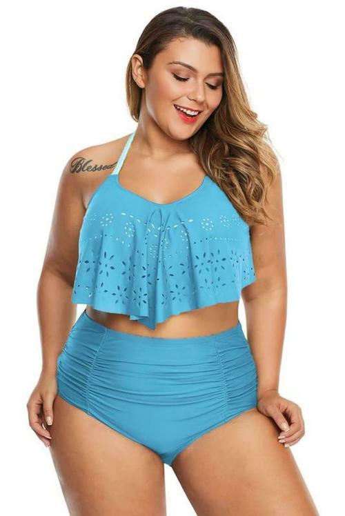 Plus Curvves Sky Blue Allure Juniors Plus Size Laser Cut Flounce Swimwear - 7XL