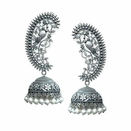 Jewelopia Oxidised Earrings Silver Jhumka Earring German Silver Oxidized Jewellery Peacock Designer Stylish Pearl Drop Traditional Jhumki Earrings For Women and Girls