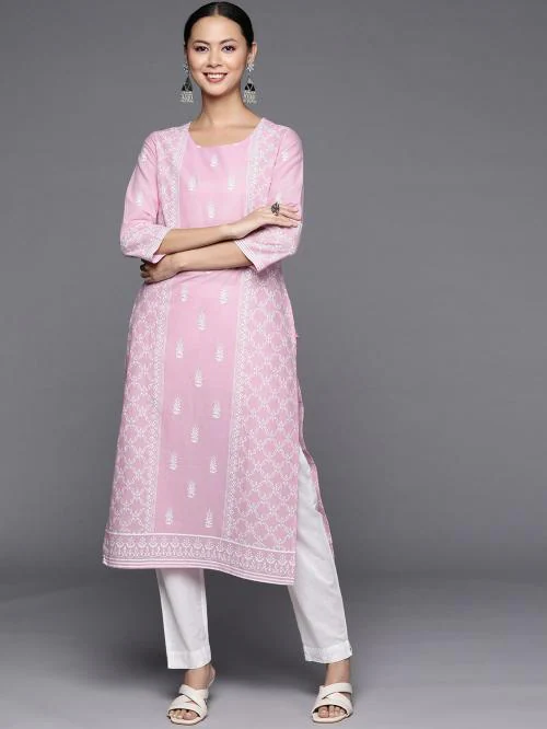 KSUT(House of Varanga) Women Pink & White Printed Straight Kurta