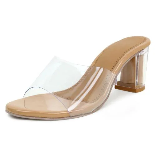 Jhamb's Women Transparent Block Heels Sandals-Beige Slip On Mules