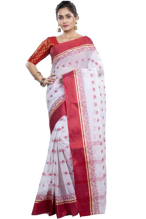 DipDiya Women Pure Cotton Sukla Velvet Designing Bengali Woven Tant Saree (White)