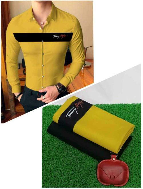 DHARMESH ENTERPRISE Men Yellow, Black Colorblock Cotton Linen Blend Unstitched Shirt and Trouser Material (Free Size)
