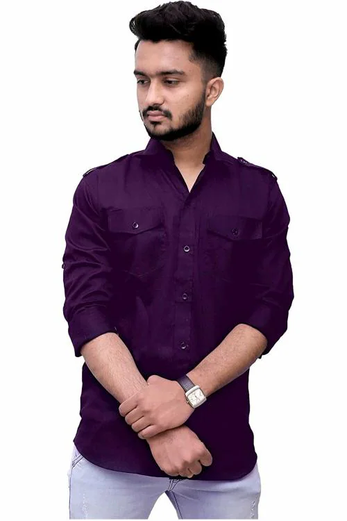 REBANTA Mens Casual Shirt Double Pocket (Purple, Pure Cotton,3XL)