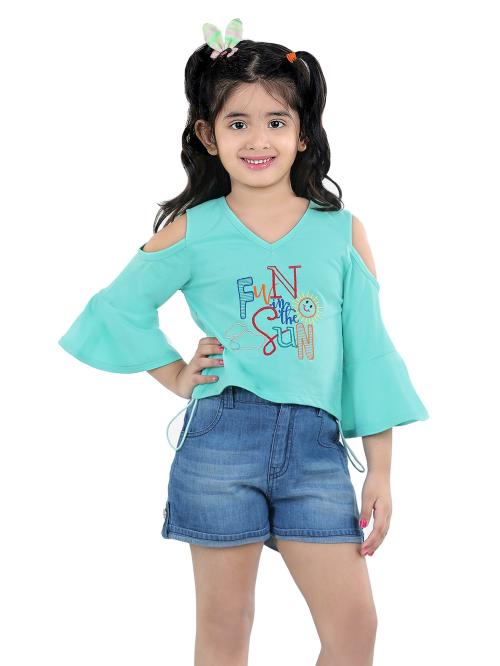 Naughty Ninos Girls Light Blue Off Shoulder Bell Sleeves Top with Shorts