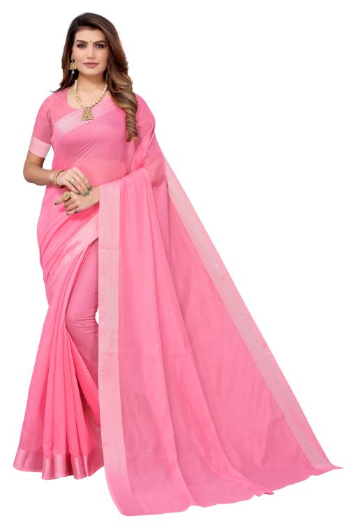 Mahotsav Women's Pink Solid Cotton Blend Saree with Blouse
