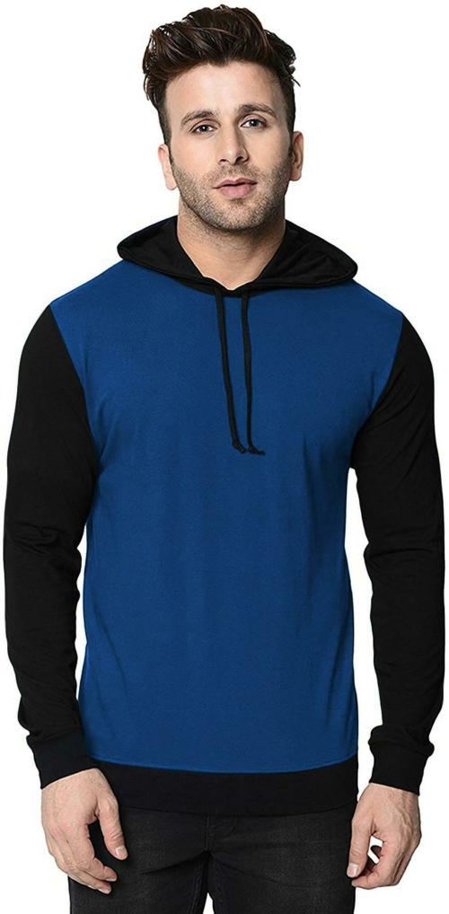 THE BLAZZE Men Black, Royal Blue Color Block Polyester Hooded Neck T-Shirt (Extra Large)